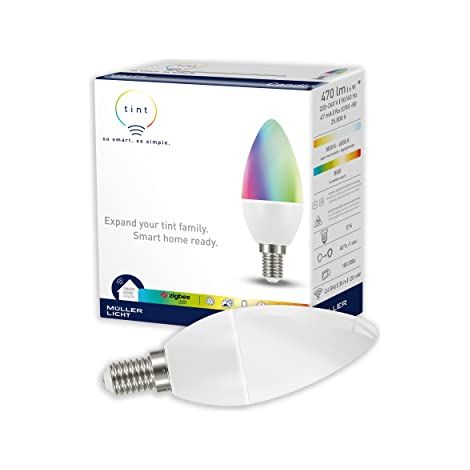 tint di MÃ¼ller-Licht LED a olive E14, Lampada a candela, bianco-colore (1800-6500K e RGB), dimmerabile, sostituisce lampadina da 40W, funziona con Alexa, 3,8 x 3,8 x 11 cm (1/4)