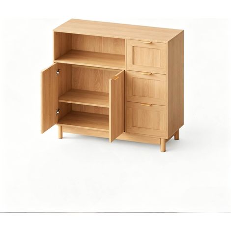 Buffet multiusage effet bois naturel 90 x 35 x 80 cm avec tiroirs et portes (1/5)