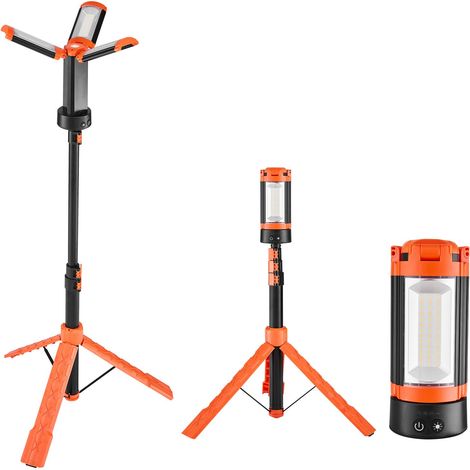 Lampe de chantier LED sur pied, 10Ah, rechargeable sans fil, 3 têtes amovibles, trépied, 2200 lumens, 3000K-6500K, portable pour travaux.