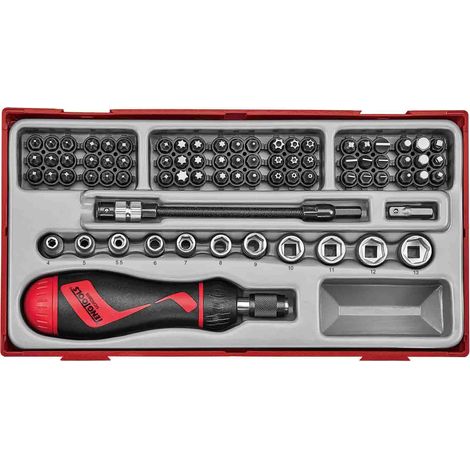 Set douilles et embouts avec tourne vis à cliquet TT1 tray 1/4'' PH- PZ- Plat- TX-- TPX- HEX- ROB- gr 84 pièces Teng Tools TTMDR84