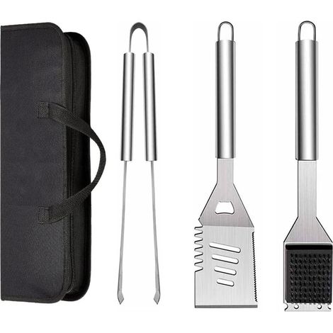 Set di 3 utensili per barbecue in acciaio inossidabile con borsa per il trasporto, spatola, pinze e forchetta, accessori per barbecue per cucinare, campeggio all'aperto (1/5)