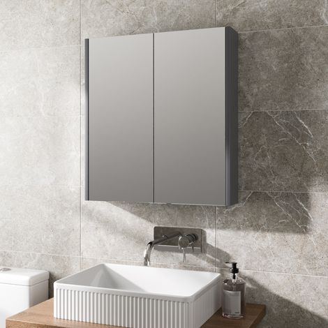 600mm Bathroom Mirror Cabinet 2 Door Cupboard Wall Mounted Grey (1/7)