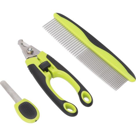 Kit de toilettage pour animaux de compagnie en acier inoxydable, peigne ergonomique, coupe-ongles et lime pour chiens et chats. (1/5)