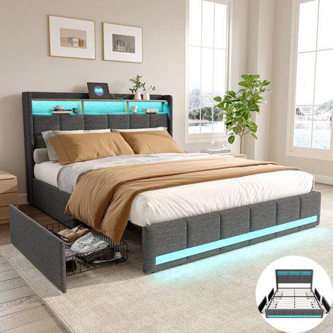 Lit 140x190 cm avec LED et 4 tiroirs, lit adulte avec chargement USB, lit double, lit 2 personnes, sommier à lattes, Lin, Gris (1/5)