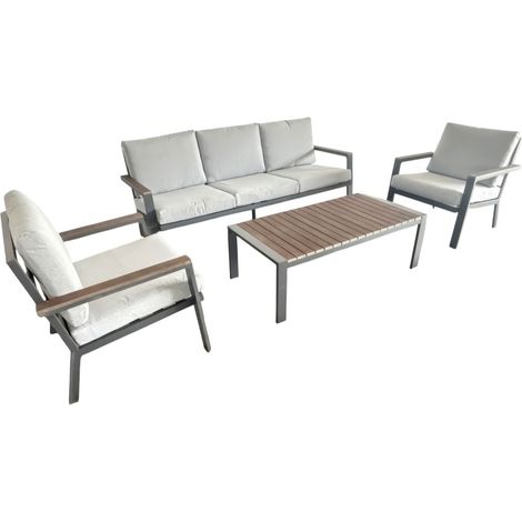Ikigai - Gartenlounge-Set mit 3-Sitzer Sofa, 2 Sesseln und Couchtisch mit Kissen aus Aluminium und Sperrholz