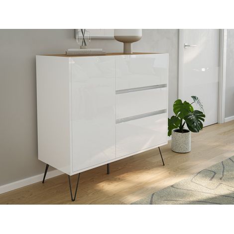 Design Sideboard Kommode Altan 100cm Greifraum 3 SoftClose 1 Tür Weiß/Eiche Top (1/5)