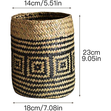 Panier tressé en paille tressée à la main, style champêtre japonais créatif, avec vase et panier à fleurs séchées en orge - Grand format à motifs noirs, diamètre du fond 22 cm, diamètre du haut 17 cm, (1/5)