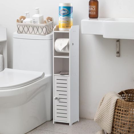 Hofuton Support de papier toilette avec tringles, petite armoire de rangement de salle de bain avec portes et étagères, armoire de rangement fine pour salle de bain, petits espaces – blanc (1/5)