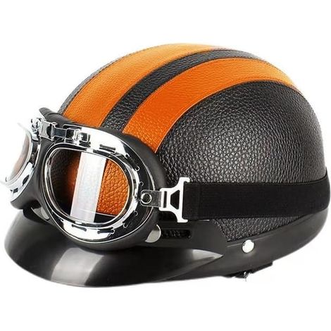 Casque de moto style rétro, taille 54-60 cm, avec visière solaire et lunettes de protection UV. Couleur orange. (1/3)