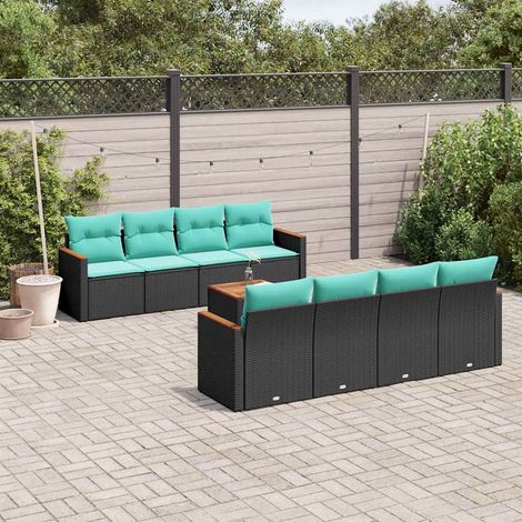 9-teiliges Gartensofa-Set mit Kissen, schwarzes Polyrattan (1/5)