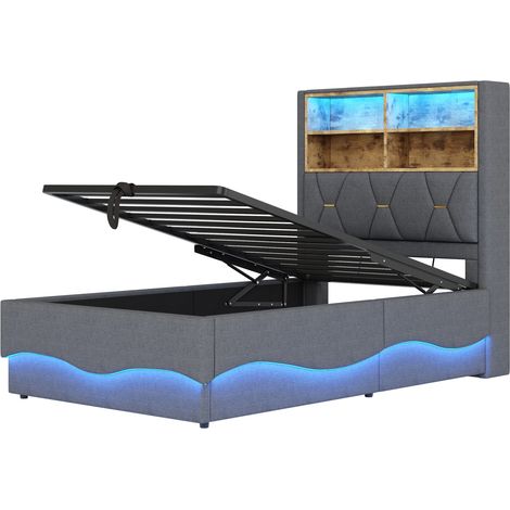 Cama infantil 90x200 cm con almacenaje hidráulico, LED, USB, somier metálico, gris MODENUIT (1/5)