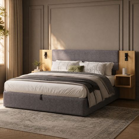 Letto matrimoniale 160x200 cm in velluto grigio e legno naturale, con contenitore FloraGrace (1/5)