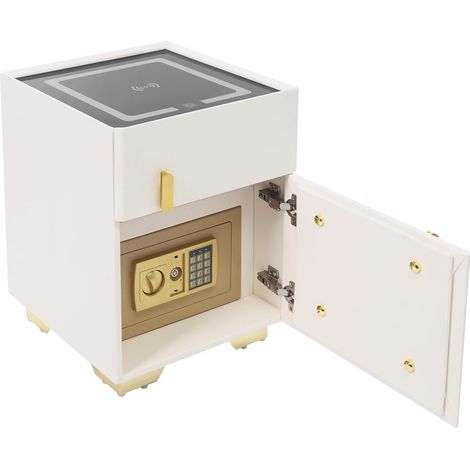 Table de chevet avec coffre-fort, commode de chevet verrouillable avec chargement sans fil, haut-parleur Bluetooth, 2 ports USB et LED 3 couleurs, table d'appoint moderne avec tiroir, 40 x 40 x 50 cm