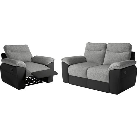 PACK - Canapé de relaxation ROSS manuel 2 places et fauteuil en tissu et simili - Noir/Gris