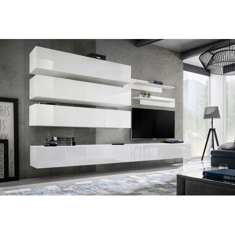 Ensemble mural - FLY J - 3 rangements - 2 meubles TV - 2 étagères - Blanc - Livraison gratuite