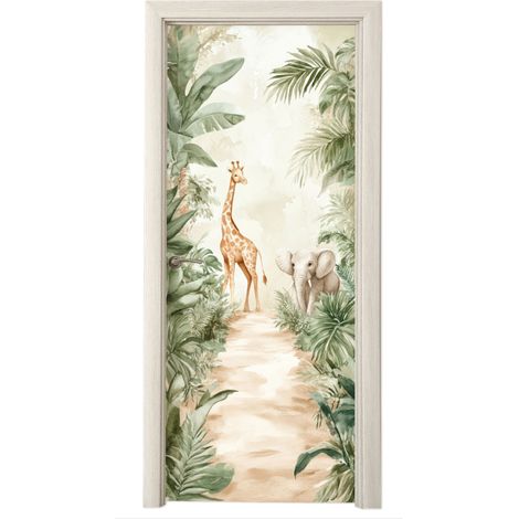 PEGATINA DE PUERTA Jungla - Jirafa - Elefante - Verde - Naturaleza Cuadros Para Dormitorio (1/5)