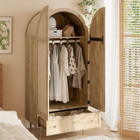 Armadio con cassetti e ante effetto lino 79x50x175 cm, rovere, MDF, FloraGrace (1/5)