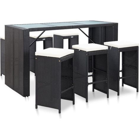 Meuble de bar de jardin 7 pcs et coussins Résine tressée Noir (1/5)