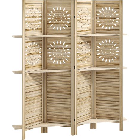 Paravent d'intérieur 4 volets avec 3 étagères, 160 x 170 cm, séparateur de pièce pliable en bois de paulownia naturel (1/5)