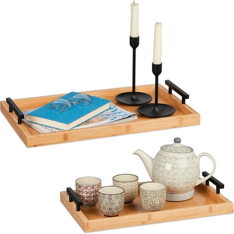 Relaxdays 2x Serving Trays, Various Sizes, Breakfast in Bed Tablet, with Handles, Bamboo, Snacks, Coffee & Tea, Natural