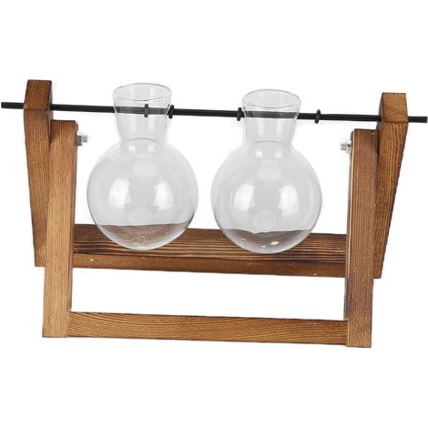 Terrarium pour plantes avec support en bois, vase en verre, pot de fleurs de bureau en verre pour la décoration de la maison ou du bureau (cadre en bois, 2 bouteilles) (1/5)