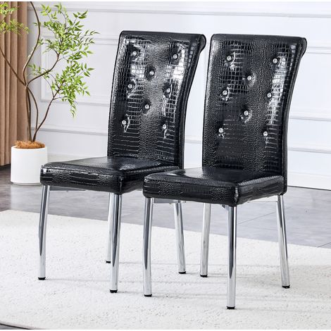 Silla de comedor de PVC negra con patas de metal galvanizado, diseno efecto piel de cocodrilo, 2 unidades,61.5×42×101cm (1/5)
