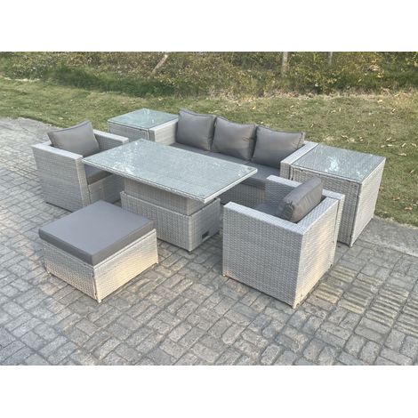 Fimous Rattan Gartenmöbel Set mit Sofa, Höhe verstellbar Esstisch und Hocker,Sessel,2 Beistelltisch,Outdoor Terrassen Essgruppe 7-teilige Sitzgruppe Helles Grau (1/5)