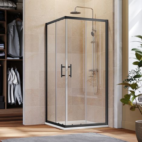 ELEGANT Black Frame 900 x 900 mm Corner Entry Shower Enclosure with Sliding Shower Door for Bathroom Wet Room, 900x900mm Shower Tray, Waste Trap, Riser Kit (1/5)