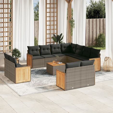 Ensemble salon de jardin 12 places gris résine tressée - 6 canapés avec accoudoirs, 1 angle, 4 sièges, 1 table acacia avec 12 coussins amovibles lavables (1/5)