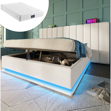 DESVIAE Lit rembourré 160 x 200 cm avec rangement hydraulique LED contrôlée par application ports USB et USB C sommier à lattes PU blanc (1/5)
