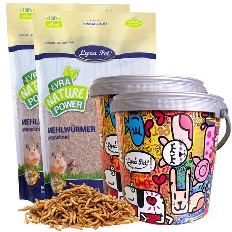 2 vers de farine Lyra Pet® de 10 litres dans un seau design
