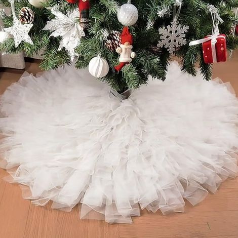 Christmas Tree Skirt - Mesh Tulle Tree Base Cover - Conceals Stand And Wires - Flowy Draped Design - 20 cm Diameter - White - 1 Piece (1/5)