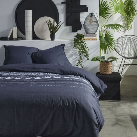 Parure de lit 3 pièces 260x240 cm coton imprimé formes bleu marine
