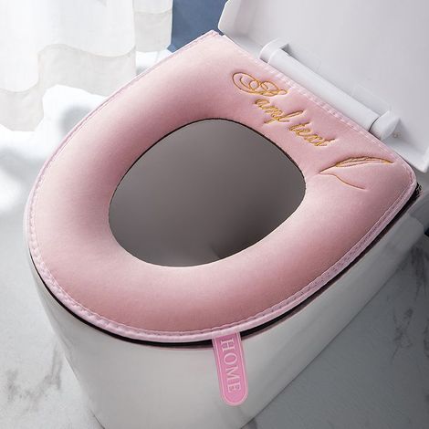 Lot de 2 protège-sièges de toilette épais et moelleux avec poignée, lavables et compatibles avec tous les sièges de toilette ovales (rose). (1/5)