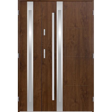 Porte d'entrée double GALILÉE 120x200 cm noyer - Poignée et serrure : Sans - Poussant: Gauche
