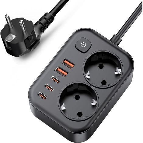 Prise Multiple 2 Prises avec Interrupteur, 7-en-1 multiprise avec USB-C, Protection Contre Les surtensions et câble prolongateur 2m, idéale pour Bureau, Cuisine, Maison et Voyages (1/5)