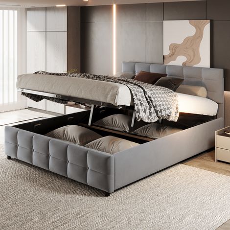 Lit coffre 180x200cm - lit double avec sommier à lattes et tête de lit - tissu velours hollandais gris (1/5)
