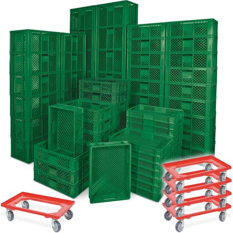 BRB 78 Stück Stapelkörbe/Bäckerkästen in 5 Größen, Grundmaß LxB 600x400 mm, H 90 mm, 150 mm, 240 mm, 320 mm, 410 mm, + 5x Transportroller rot (grün)