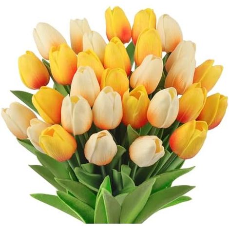 künstliche Tulpen, 12 Stück Tulpen-Kunstblumen mit realistischem Touch, Kunstblumen für Hochzeitssträuße, Tischdekoration, Muttertag, Heim-Deko（Gelb und weiß）