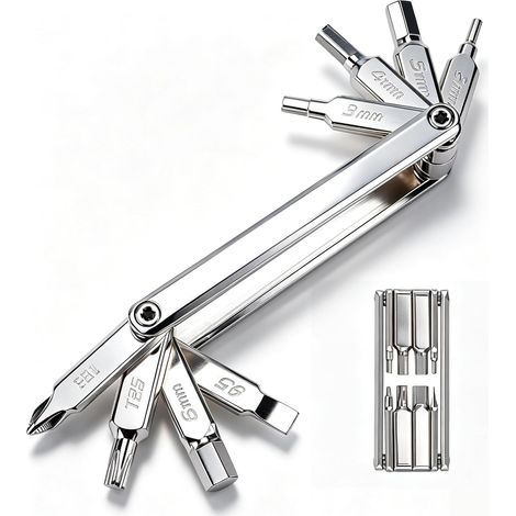 Multitout Vélo 8 en 1 en Acier Chrome-Vanadium (40CRV) - 82g Outil de Réparation Léger pour VTT & Vélo de Route - Clés Allen 2-6mm, T25, PH1, Plat - Kit Secours Pliable (1/5)