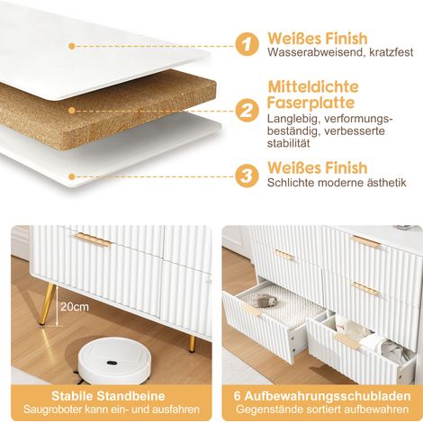Commode 6 tiroirs, armoire de rangement moderne blanche, poignées métalliques, coulisses amorties, robuste MDF, pour chambre, séjour ou entrée – anti-chute, pieds 20 cm pour robot aspirateur (1/5)