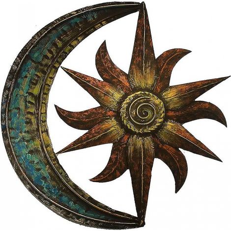 BEBUSINGOTO 29 x 29 cm Metall Sonne und Mond Wandkunst, Kreative Garten Wanddekoration, Retro Wohnzimmer Schlafzimmer Dekor