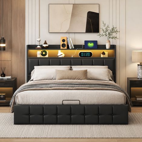 Lit coffre 140x190 cm, lit double avec led, ports usb et rangement hydraulique,tête de lit avec étagère ouvertes, pu noir cadre de lit (1/5)