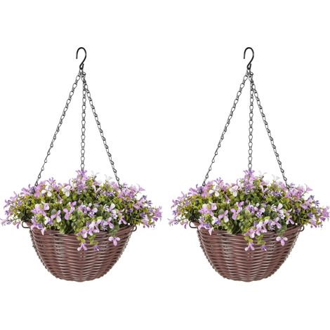 Artificial Flowers in Basket Set of 2, Artificial Hanging Baskets with 75 Leaves and 15 Flowers in Pot, Decorative Plant for Home Office Decor, Purple