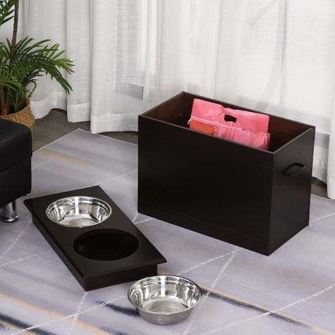 Erhöhter Futternapf für große Hunde, MDF-Napfständer mit 2 Edelstahlnäpfen, 60 x 30 x 41 cm, Braun