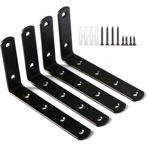 Équerres Étagère de Fixation Murale Console Emboutie en Métal Support d'Angle pour Étagère à Suspendre, 125 mm x 75 mm, Finition Noire Mate en Acier Inoxydable, 4 Pcs (1/5)