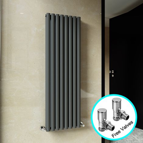 ELEGANT Vertical Designer Radiator Wall/Floor Mounted Central Heating Oval Radiator Anthracite Double 1600x480mm + Chrome Angled Valve (1/5)