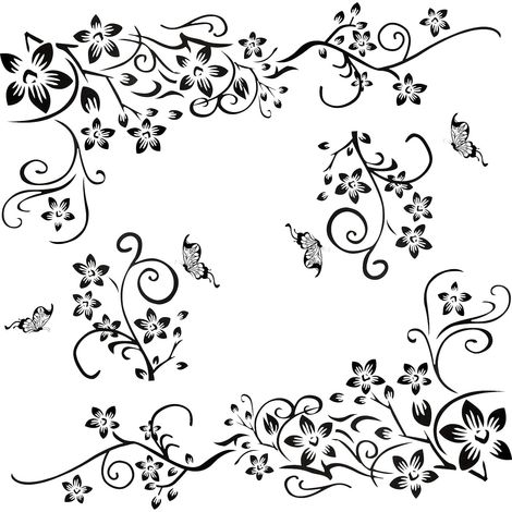 (2 pièces) Décorations murales noires, fleurs, vrilles, papillons, plantes, autocollants muraux, décalcomanies adhésives, peintures murales (1/5)
