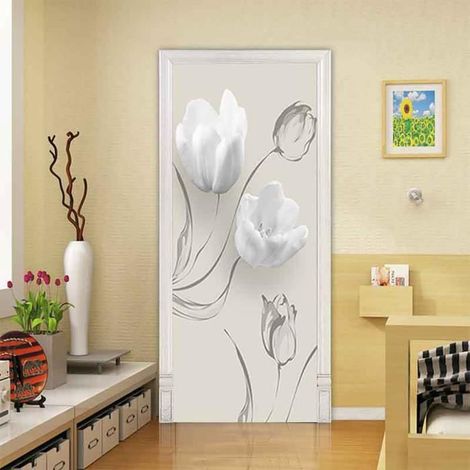 3D Porte Papier Peint Muraux Belle fleur blanche 77x200cm Auto-adhésif Poster Porte PVC Sticker Porte Autocollant Trompe l'œil (1/4)