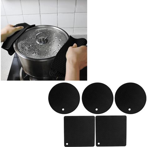 Quadratische und runde Silikonmatten in Wabenform, wärmeisolierende Matten für Fritteusen, hitzebeständige Matten für hohe Temperaturen und schwarze Silikonmatten für Schüsseln. (1/5)